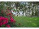 Serene backyard with pink flowers and a glimpse of the lake and dock at 30523 Orange Dr, Leesburg, FL 34748