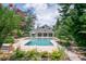 Scenic view of backyard with pool and mature landscaping with a covered patio at 37138 Lake Yale Pl, Grand Island, FL 32735