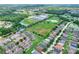 Community aerial view with ponds and green space with the property of interest indicated by a red arrow at 6906 Glenbrook Dr, Lakeland, FL 33811