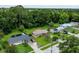 Aerial view of a residential neighborhood with tree coverage, showing several houses with driveways and green lawns at 1415 Braebury Dr, Leesburg, FL 34748