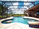 Inviting screened-in pool area featuring a built-in table and ample seating at 29222 Can Do Ln, Tavares, FL 32778