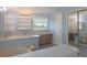 Bathroom features a large bathtub, double sink vanity, and full mirrored closet at 31636 Gladys Ln, Tavares, FL 32778