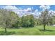 Expansive backyard with green grass, mature trees, and a white fence create a serene outdoor space at 32025 Timberlake Dr, Mount Dora, FL 32757
