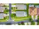 Overhead aerial view of homes showcasing well-manicured lawns, pools, and beautiful landscaping at 167 Castaway Beach Way, Kissimmee, FL 34746