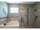 Elegant bathroom featuring a soaking tub and separate shower with modern fixtures and stylish tile accents at 2136 Lula Rd, Minneola, FL 34715