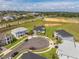 Expansive aerial view of a two-story light blue home nestled within a meticulously maintained cul-de-sac at 2161 Cedar Springs Way, Minneola, FL 34715