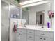 Bathroom with dual sinks, large mirror, a tiled shower, and plenty of natural light at 4814 Saint Andrews Arc, Leesburg, FL 34748