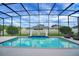 Sparkling pool with decorative statues and blue tile accents within a screened enclosure at 9702 Pepper Tree Pl, Wildwood, FL 34785