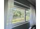 Enjoy lush greenery outside a window covered in sheer, white curtains at 113 Temple W Cv, Leesburg, FL 34748