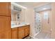 Well-lit bathroom featuring a wooden vanity, large mirror, and a shower with stylish printed curtains at 717 W Coach N Four Dr, Leesburg, FL 34748