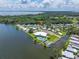 Aerial view of the community with lake access, boat slips, clubhouse, pool, and tennis courts at 10 Cocos Plumosa Dr, Eustis, FL 32726