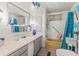 Bright bathroom with a modern sink, cabinets, and a shower/tub with blue accents at 10 Cocos Plumosa Dr, Eustis, FL 32726