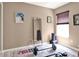 Home exercise room with large mirror, free weights, and plush area rug on light wood floors at 25400 Waterbrook Ct, Leesburg, FL 34748