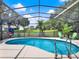 Inviting screened-in pool area with a comfortable hanging chair and green outdoor seating at 25400 Waterbrook Ct, Leesburg, FL 34748
