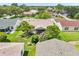 Aerial view of backyard, showcasing lush grass, trees, a screened patio, and neighboring houses at 2746 Edwards Ln, The Villages, FL 32162