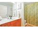 Bathroom with single vanity, decorative mirror, and shower with a patterned curtain at 4401 Abaco Dr, Tavares, FL 32778