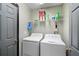 Efficient laundry room with washer, dryer, and shelving for storage solutions, adding convenience at 6001 Pine Bluff Ln, Mascotte, FL 34753