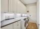 Convenient laundry room featuring white cabinets, countertop space, and a modern washer and dryer at 9433 San Miguel, Howey In The Hills, FL 34737