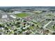 This aerial shows the community with modern homes and tree-lined streets, a school, and a grassy field at 120 Citrus Isle St, Davenport, FL 33837