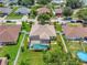 Aerial view of home featuring a screened-in pool and landscaped backyard within a fenced yard at 1216 Cheshire St, Groveland, FL 34736