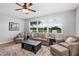 Comfortable living room with a large window providing a view of the manicured lawn and natural light at 3681 Arlington Ridge Blvd, Leesburg, FL 34748
