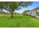 Spacious grassy backyard with a dark metal fence, mature trees with Spanish moss, and an outdoor grill at 23510 Oak Prairie Cir, Sorrento, FL 32776