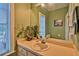 Bathroom with green walls, a large mirror, simple vanity, and natural light from a window with blinds at 20250 Nw 71St Ct, Micanopy, FL 32667