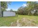 Large backyard showcasing an outbuilding on a well-maintained lawn with mature trees and natural surroundings at 221 Se 167Th Ct, Silver Springs, FL 34488