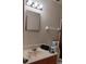 Features a light vanity, standard mirror, linoleum floors, and shower-tub combo at 1402 Thousand Roses Dr. W. # 1402, Lake Wales, FL 33853