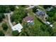 Aerial view showcases a private backyard oasis with a sparkling screened pool surrounded by lush greenery at 3567 Red Oak Ct, Lake Wales, FL 33898