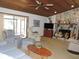 Cozy living room with a stone fireplace, wood ceiling, and comfortable seating at 3567 Red Oak Ct, Lake Wales, FL 33898