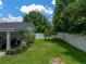 Well-maintained backyard featuring a privacy fence, garden, and covered patio at 1144 Cephia St, Lake Wales, FL 33853