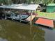 Exterior shot of boat dock with boat and outdoor seating, with direct access to deep water at 1422 Avenue H Sw, Winter Haven, FL 33880