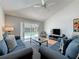 Cozy living room with comfortable sofas, a ceiling fan, and a sliding door to the pool area at 2200 Mallory Cir, Haines City, FL 33844