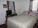 Cozy bedroom with neutral walls, patterned linens, and an air conditioning unit at 302 S Palm Ave, Frostproof, FL 33843