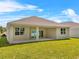 The backyard has a covered patio, sliding glass doors, and a view of the clear sky above at 4541 Fairway Oaks Dr, Mulberry, FL 33860