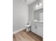 Stylish half bathroom with modern fixtures, white vanity, and wood-look flooring at 4545 Fairway Oaks Dr, Mulberry, FL 33860