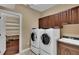 Convenient laundry room with modern washer and dryer units and built-in cabinets at 6487 Ashley Dr, Lakeland, FL 33813