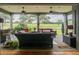 Covered outdoor patio with comfortable seating and a view of the golf course at 7330 Reflections Lake Dr, Lakeland, FL 33813