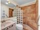Bathroom with shower, block wall, and a pink vanity sink at 511 Alcazar Ct, The Villages, FL 32159