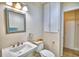 Guest bathroom with pedestal sink and linen closet at 415 W Beacon Rd, Lakeland, FL 33803