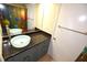 Bathroom featuring a modern vessel sink, black countertop, and a colorful shower curtain at 2556 Roslyn Ln, Lakeland, FL 33812