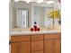 Bright bathroom with double vanity, wooden cabinets, and neutral countertops at 1323 Valley E Hl, Lakeland, FL 33813