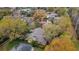 Aerial shot of a single-Gathering home with mature trees, a backyard pool, and a well-maintained roof at 3845 Garnet Dr, Mulberry, FL 33860