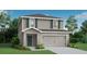Two-story home with a two-car garage, neutral siding, blue shutters, and a covered entryway at 5105 Sylas Jax Ave, Winter Haven, FL 33884