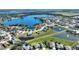 Panoramic aerial view of a lakeside residential area featuring homes with access to multiple lakes at 535 Narrow Pond Rd, Polk City, FL 33868