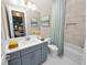 Modern bathroom with gray vanity, hexagon tile, and bathtub at 234 Laynewade Rd, Polk City, FL 33868