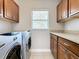 A laundry room with modern washer and dryer, complemented by ample cabinet space and a window at 1130 N Lake Parker Ave # A306, Lakeland, FL 33805