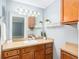 Bathroom with wood cabinets, a sink and a large mirror at 1801 Quail Hill Dr, Lakeland, FL 33810