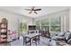 Living room with dark wood flooring, ceiling fan, and large windows overlooking backyard at 4145 Whistlewood Cir, Lakeland, FL 33811